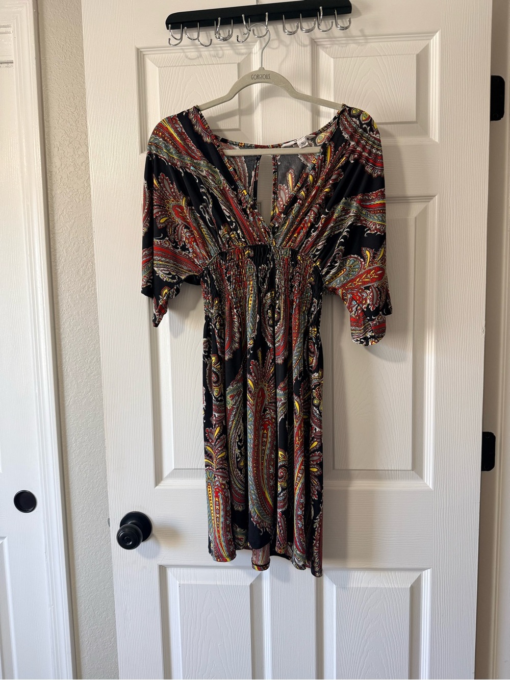 5th & Love Black Paisley V-Neck Midi Dress with Red and Yellow Accents